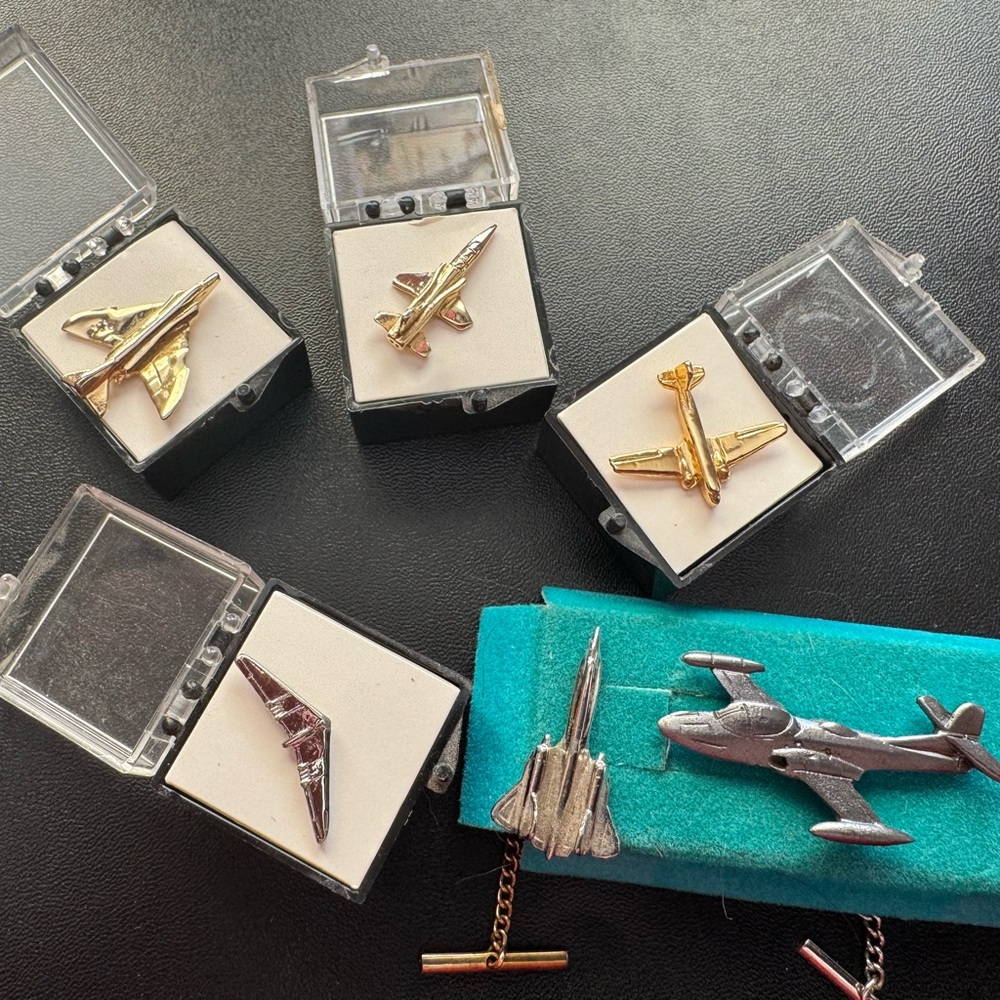 Vintage 6 Military Planes Tie Tac Lapel pins with chain